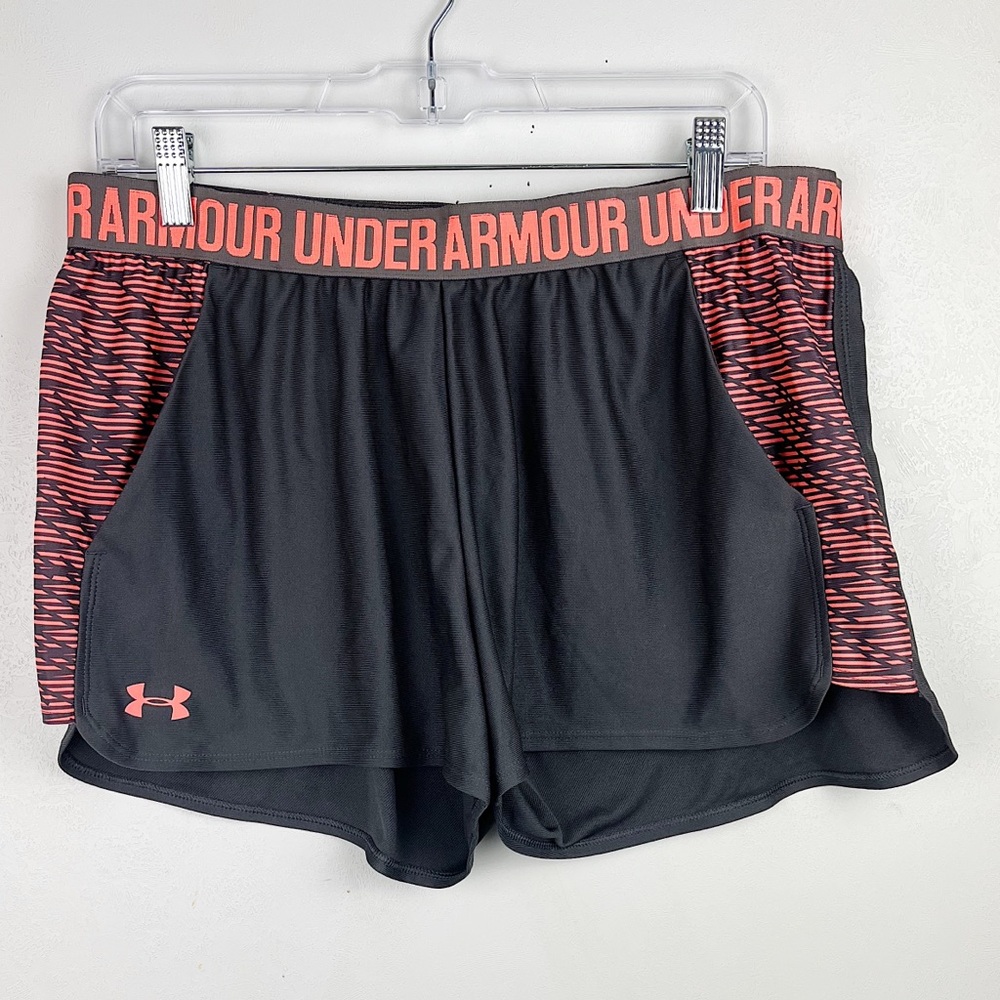 Under Armour Gray Orange Athletic Shorts Pockets Logo Travel Lounge